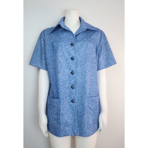 VINTAGE WOMEN'S BLUE SHORT SLEEVE BUTTON-UP TOP - ADDED DIMENSIONS - SIZE 1X - Picture 1 of 7